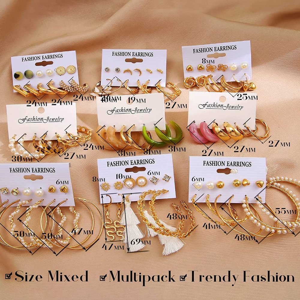 New 45 Pairs Gold Hoop Earrings for Girls Women Multipack, Chunky Pearl Twisted - Picture 6 of 9